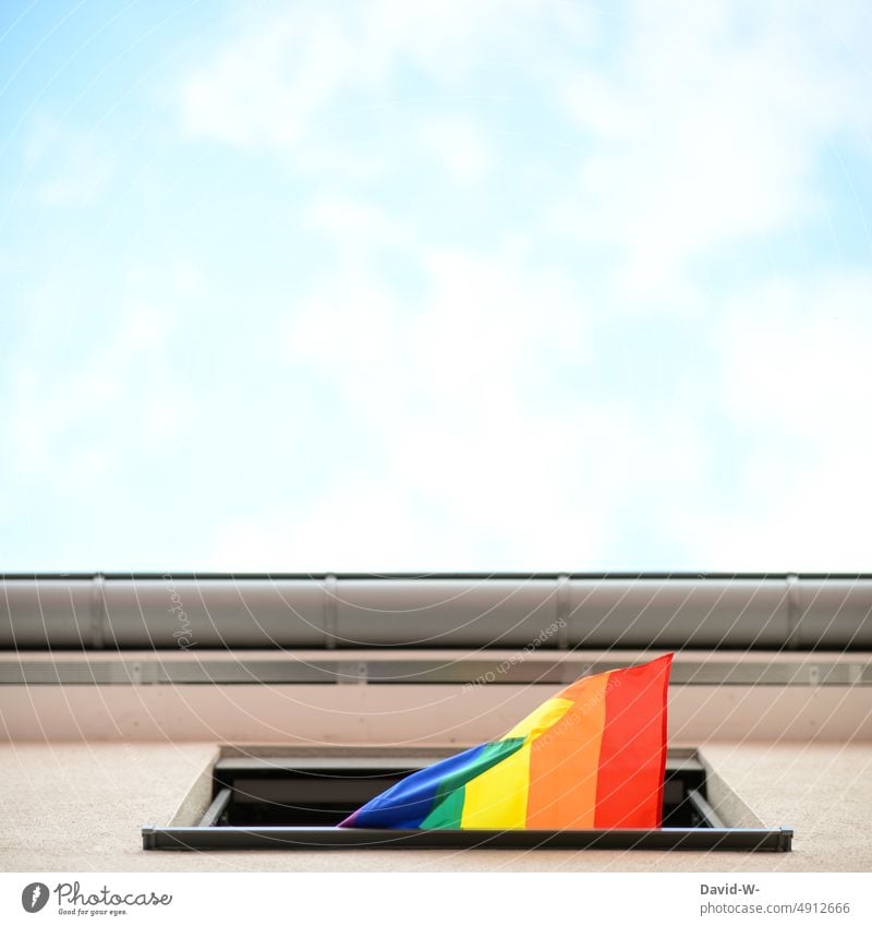 Fahne mit Regenbogenfarben weht aus einem Fenster regenbogenfarben Flagge gleichheit Homosexualität Zeichen Regenbogenflagge Sexualität Symbole & Metaphern
