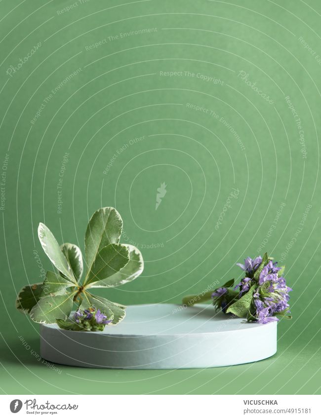 Minimalistisches modernes grünes Produktdisplay mit Podest, grünen Blättern und lila Blumen Produktpräsentation Podium grüne Blätter sehr wenige purpur Szene