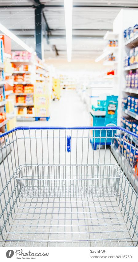 Einkaufswagen im Laden - am einkaufen Lebensmittel teuer Markt Supermarkt schieben Gang Regale Preise
