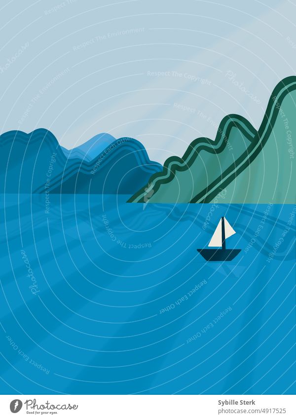 Boot auf einem von Hügeln umgebenen See Wasser Landschaft abstrakt Segeln Segelboot Berge Sonnenlicht Schatten Segelschiff Ferien & Urlaub & Reisen Himmel Jacht