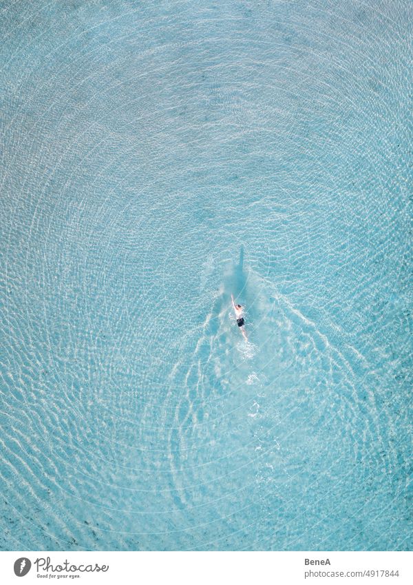 Mann schwimmt in kristallklarem Wasser Antenne aqua Baden Bucht Strand schön blau Windstille übersichtlich Küste Küstenstreifen Küstenlinie Kristalle