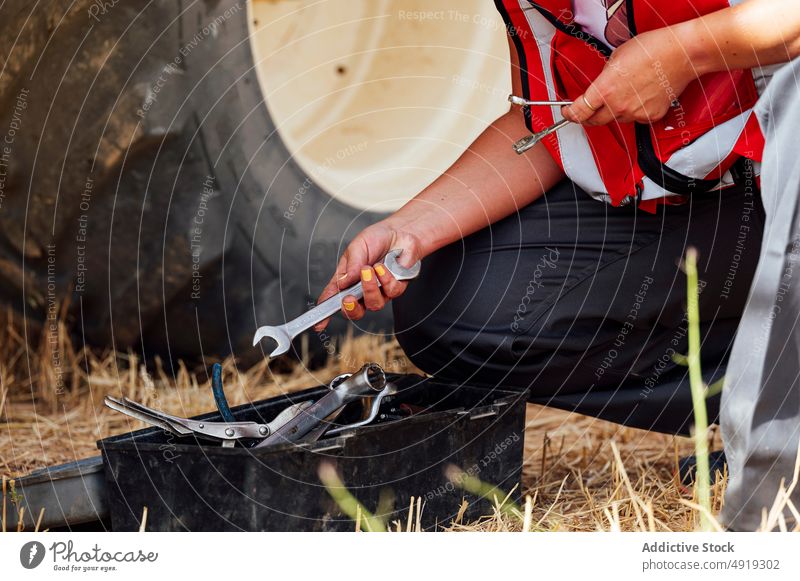 Anonyme Frau wählt Instrumente auf einem Feld aus Arbeit Werkzeug Ackerbau wählen Bausatz Mechaniker Landwirt Landschaft pflücken Bauernhof Kasten Arbeiter