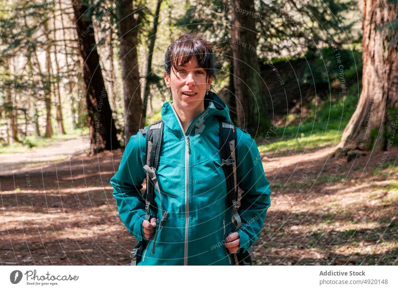 Weiblicher Reisender erkundet Wald Frau erkunden Ausflug bewundern Baum nadelhaltig Rucksack Oberbekleidung Natur Wochenende Waldgebiet Sommer Wälder Abenteuer