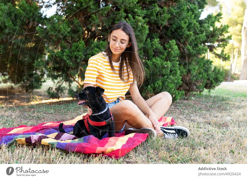Glückliche junge Frau mit Hund auf bunter Decke Umarmung sitzen Park Wochenende Lächeln Besitzer Welpe Liebe Haustier froh Begleiter positiv Optimist bezaubernd