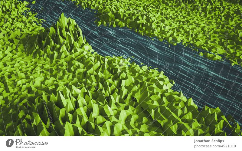 3D-Rendering einer abstrakten geometrischen Landschaft Fluss und Wiesen 3D-Landschaft Vogelperspektive Berge dreidimensional Design rendern modern Form