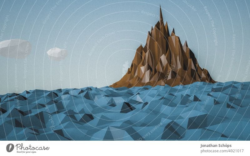 3D-Rendering einer abstrakten geometrischen Landschaft Berg auf Insel in Meer 3D-Landschaft Berge Wellen dreidimensional Design rendern modern Form Hintergrund