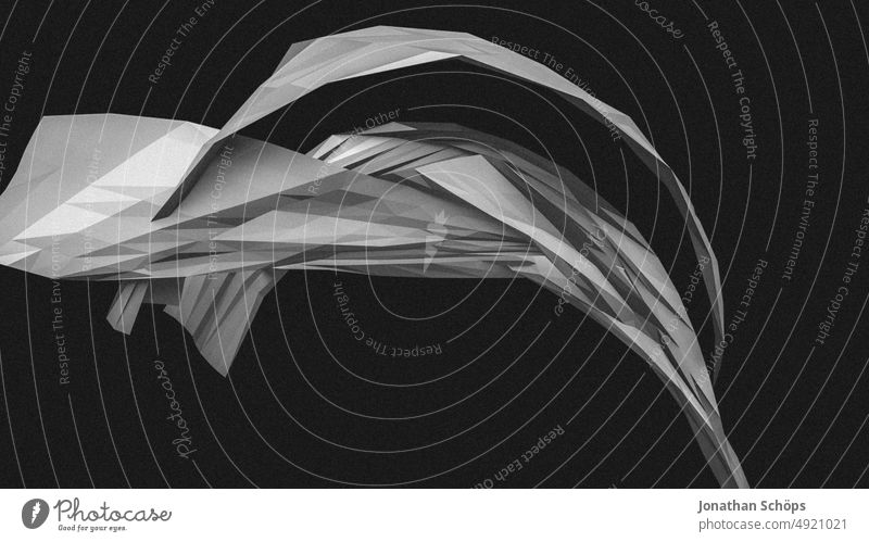 3D-Rendering Papierflieger zerfallend schwarzweiß mit Textfreiraum Seitenansicht Flieger 3d dreidimensional Design rendern modern Form abstrakt