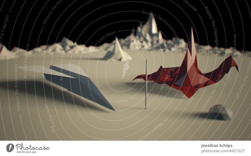 3D-Rendering einer abstrakten geometrischen Landschaft mit Papierflieger und schwebenden Elementen Flieger 3d dreidimensional Design rendern modern Form