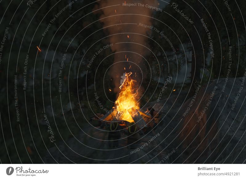 Waldnachtszene mit großem Lagerfeuer 3D-Rendering grillen schön Brand Freudenfeuer Brandwunde Windstille dunkel Feuer Feuerstelle Flamme Nebel Wanderschuhe