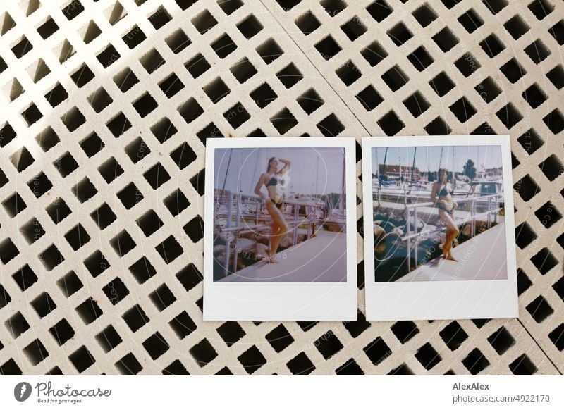 Zwei Polaroid Bilder mit einer jungen, schlanken Frau im Bikini am Pier liegen auf einem Gitter Lifestyle gesund schön sportlich ästhetisch jugendlich anmutig