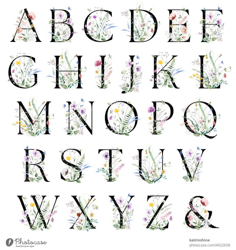 Schwarz Großbuchstaben mit Aquarell Wildblumen und Blätter Bouquet isoliert Geburtstag botanisch Charakter Zeichnung Element Garten handgezeichnet Feiertag