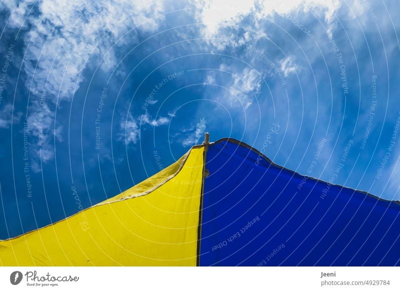 Blau-gelber Sonnenschirm blau-gelb Schirm Rettungsschirm Sommer Himmel Strand Ukraine Ukrainekrieg Zeichen Hoffnung Symbole & Metaphern Freiheit Krieg Frieden