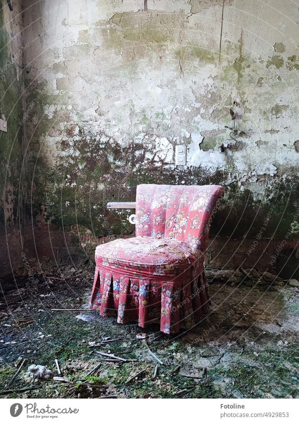 Ein alter roter Sessel mit Blumenmuster steht in einem alten, verrottenden Raum eines Lost Places. Schade drum. Sitzmöbel lost places Stoff Zimmer verfallen