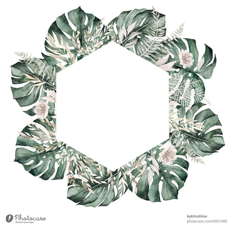 Hochzeit boho Aquarell Rahmen mit teal grün tropischen Blätter und beige Blumen Illustration botanisch Dekoration & Verzierung exotisch Laubwerk handgezeichnet