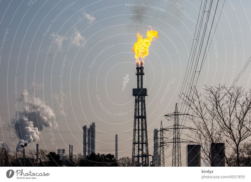 Abfackeln von Gas. Gas wird in einer Industriefackel abgefackelt Gaspreis Gaskrise Russland Heizkostenanstieg abfackeln Flamme Feuer teuer Energie Klimawandel