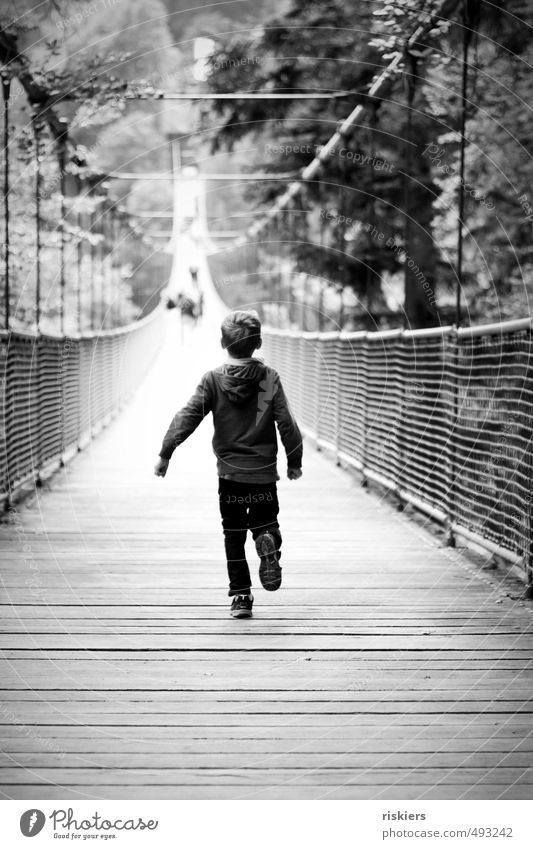 ab über die hängebrücke :) Mensch maskulin Kind Junge Kindheit Leben 1 3-8 Jahre Park Brücke laufen rennen frei einzigartig natürlich Freude Fröhlichkeit