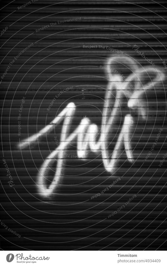 Juli - immer noch da Schriftzug Graffiti Tür Rolladen Schriftzeichen Menschenleer Buchstaben Schwarzweißfoto Linien Text