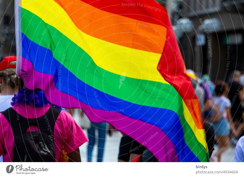 Demonstrant mit Regenbogenfahne beim CSD für Gendergerechtigkeit, geschlechtliche Anerkennung, Repekt und Toleranz. LGBTQI regenbogenfarben Homosexualität
