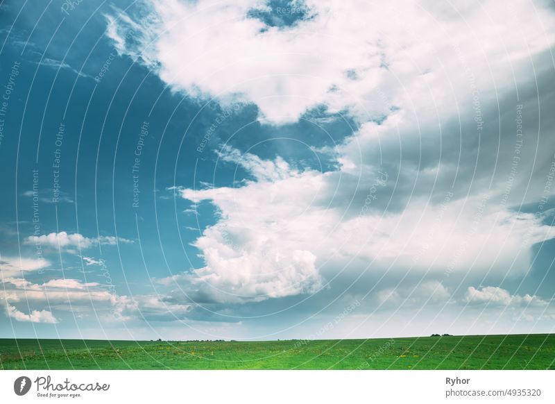 Landschaft Ländliche Feld Wiese Landschaft im Sommer regnerischen Tag. Scenic Dramatic Sky With Rain Clouds On Horizon. Landwirtschaft und Wettervorhersage Konzept
