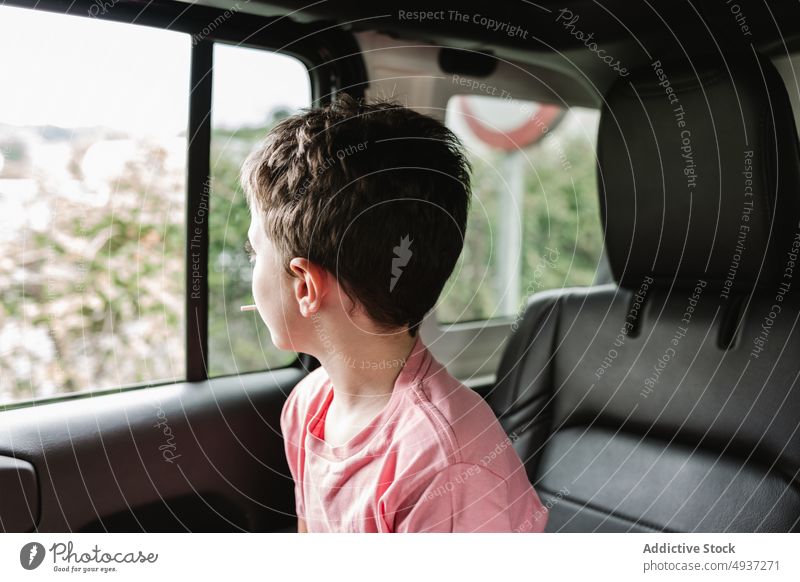 Junge bewundert die Landschaft während eines Ausflugs Fenster PKW bewundern Autoreise Rücksitz Passagier Wochenende Mitfahrgelegenheit Natur Kindheit Lollipop