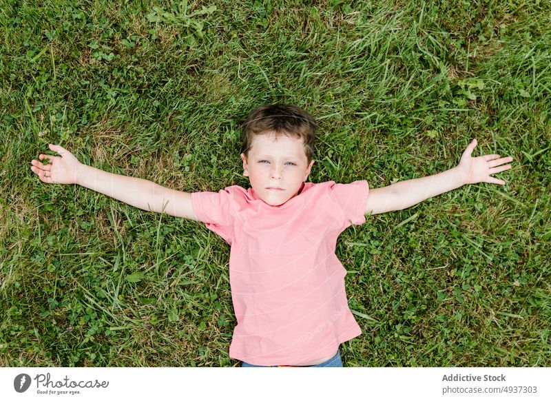 Junge liegt im Gras und schaut in die Kamera Rasen Park Sommer Wochenende lässig Kind Kindheit wenig Zeitvertreib Erholung Saison Feld Angebot Individualität