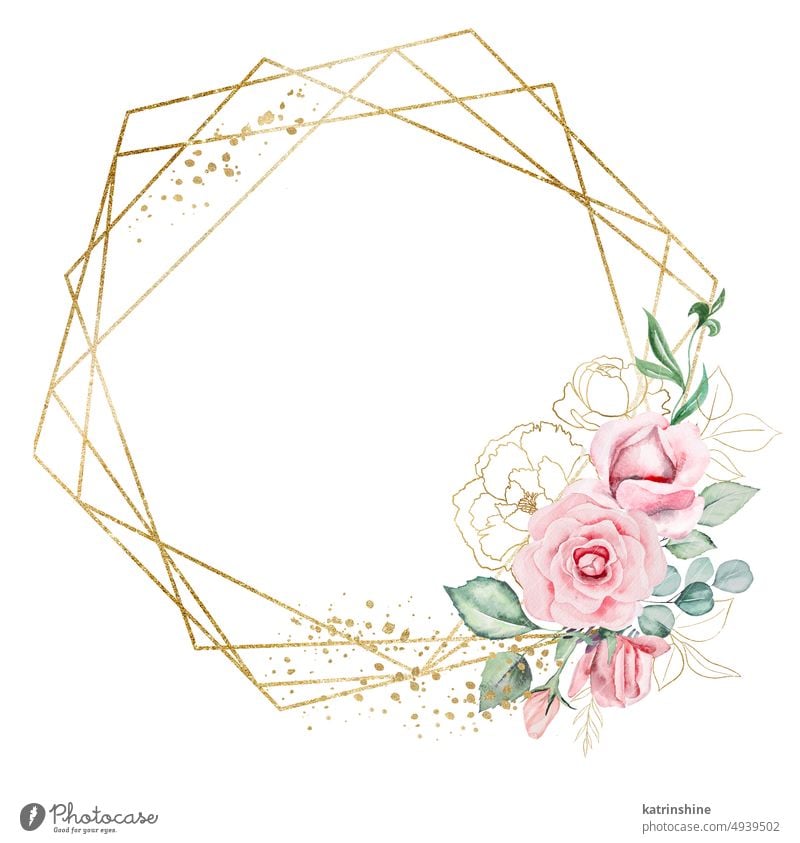 Geometrischer goldener Rahmen aus rosa Aquarellblumen und grünen Blättern Geburtstag botanisch Dekoration & Verzierung Zeichnung Element Laubwerk Garten
