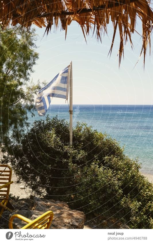 Griechische Flagge, grüner Busch, azurblaues Meer und das Palmendach eines Strand Cafés Urlaub Sommerurlaub blauer Himmel Ferien & Urlaub & Reisen Außenaufnahme