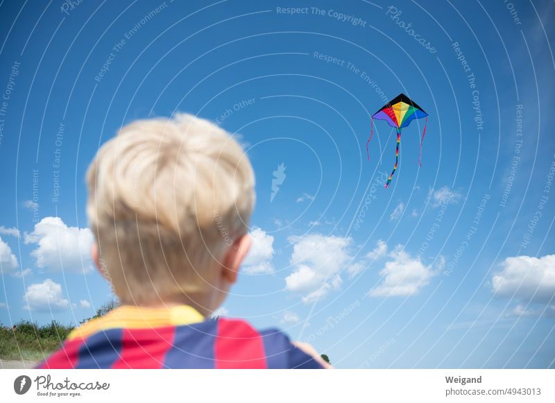 Junge mit Drachen in der Luft Kind sein spielen Sommer Himmel drachensteigen Hoffnung Vertrauen Bindung Entwicklung fröhlich Kraft Erziehung STrand Ostsee