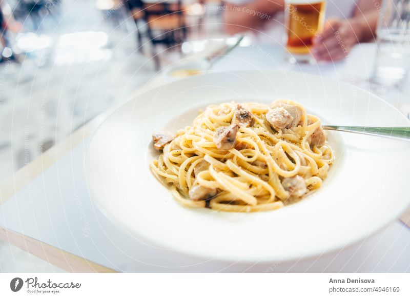 Spaghetti mit Champignons Pilz Spätzle Käse Teller Parmesan Lebensmittel Mahlzeit lecker Italienisch Küche Saucen Nudeln mit Pilzen Gesundheit Speise mediterran