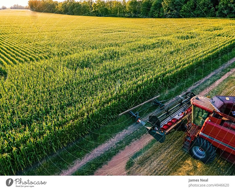 Am Rande eines Maisfeldes abgestellte Erntemaschine Gras landwirtschaftliche Maschinen natürlich Natur Tag Hintergrund rot Ackerbau Pflanze Dröhnen