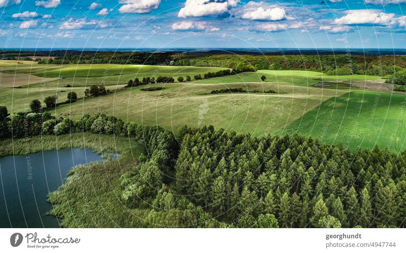 Landschaft, Wald und ein Stück See vorn, hinten weite Landschaft mit leichten Hügeln. Viel Grün. Mittelhohes Luftbild mecklenburg norddeutschland luftbild drone