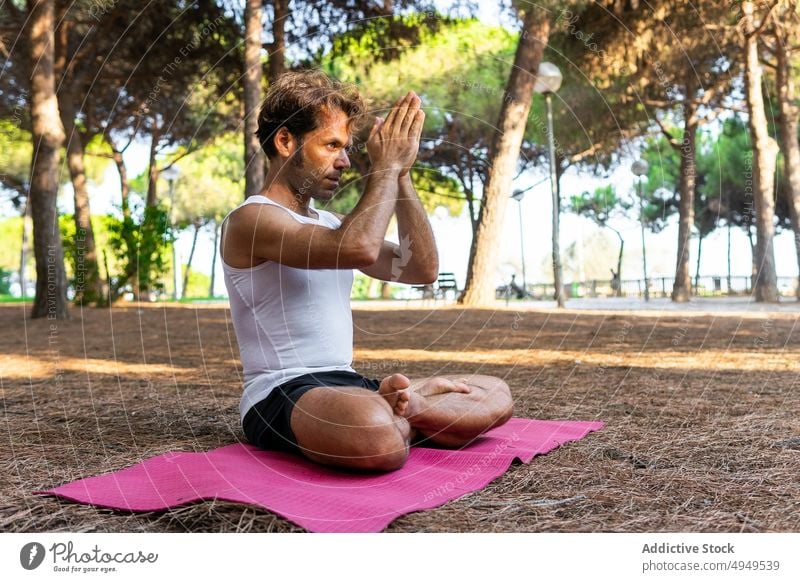 Älterer Mann meditiert mit gefalteten Händen im Park meditieren Yoga Sitzung Sommer Zen Lotus-Pose üben Unterlage männlich Lebensmitte reif Gesunder Lebensstil