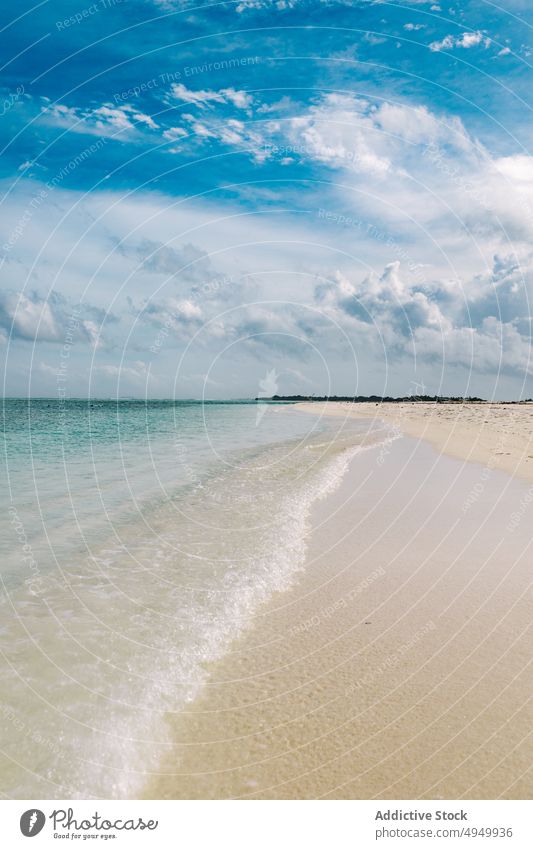 Sandstrand und Meer an einem bewölkten Tag Strand MEER Resort winken Blauer Himmel wolkig Wasser Sauberkeit Sommer durchsichtig Insel Thulusdhoo Malediven Ufer