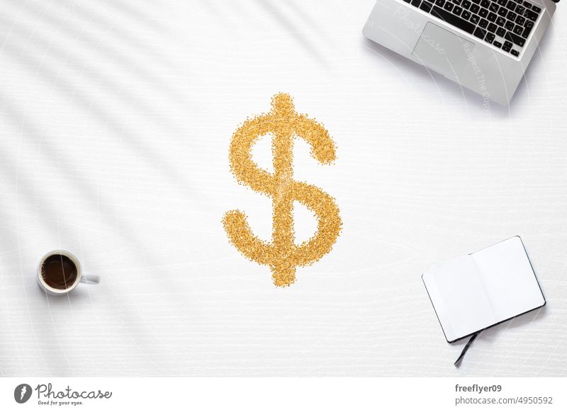 Szene über das Verdienen eines Gehalts von einem Heimbüro aus Dollar Symbol Zeichen Einkommen Geld arbeiten heimwärts abgelegen Textfreiraum amerika Australien