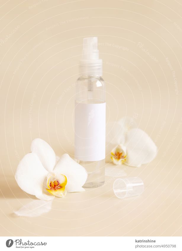 Sprühflasche in der Nähe von weißen Orchideenblüten auf hellbeigem Untergrund. Mockup Flasche Blume Attrappe tropisch kennzeichnen Spray Spender Pastell
