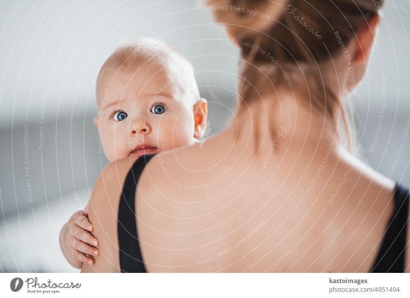 Porträt eines süßen Babys, das in den Armen seiner Mutter ruht, in die Kamera schaut und Mamas Schulter berührt. Neue Mutter hält kleines Kind, umarmt Kind mit Zärtlichkeit, Liebe, Pflege. Mutterschaft Konzept.