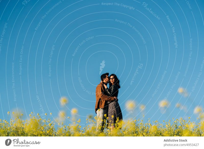 Ethnisches Paar verbringt Zeit in einem Feld auf dem Land Partnerschaft Liebe Zeit verbringen Wochenende Seelenverwandter Natur Landschaft Blauer Himmel