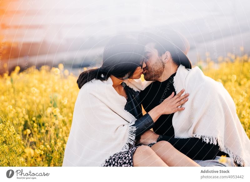 Paar küsst sich im Feld Zeit verbringen Wochenende Romantik Partnerschaft offen Seelenverwandter Großstadt Plaid Brille Freund Freundin romantisch Gebäude urban