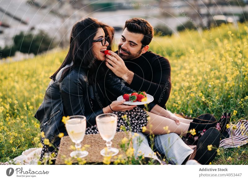 Lächelnder ethnischer Mann füttert seine Geliebte mit Erdbeeren auf einem Feld Freund Freundin Futter romantisch Liebe Partnerschaft Zeit verbringen Wochenende
