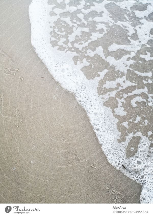 Sandstrand mit Meerwasser und Gischt mit Fußspuren Strand nass Wasser Blasen Wellen Küste Ferien & Urlaub & Reisen Natur Schaum Außenaufnahme Farbfoto gelb