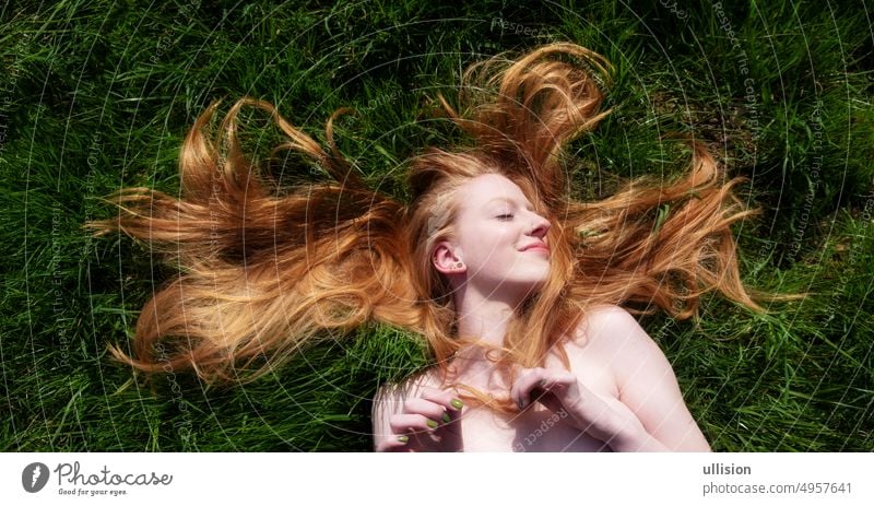 Porträt einer schönen jungen sexy rothaarigen Frau, die im Sommer im Sonnenschein glücklich und entspannt auf der grünen Wiese liegt, das rote Haar um den Kopf drapiert.