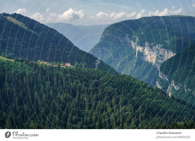 Landschaft auf der Hochebene von Asiago, Vicenza asiago Europa Italien Veneto Brücke Tag grün Berge u. Gebirge Natur Fotografie Plateau Straße Sommer reisen