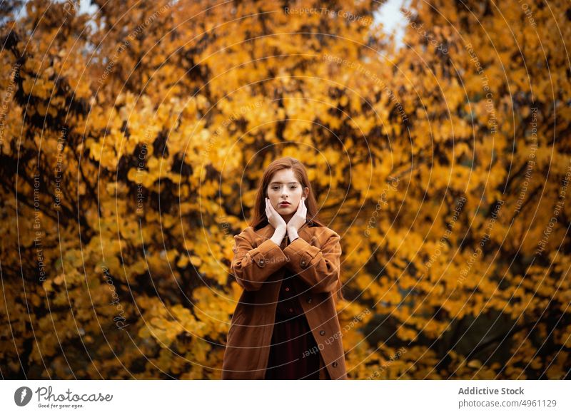 Ernste Frau hält sich im Herbstwald die Ohren zu golden Ohren zuhalten ernst Wald orange fallen charmant Baum Stille weich Windstille ruhig Ruhe Natur Saison
