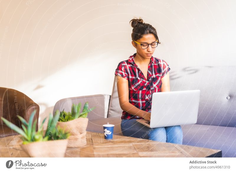 Freiberufler mit Brille arbeitet am Laptop im Sessel Mitarbeiter Tippen freiberuflich achtsam Internet Projekt online Frau benutzend Apparatur Gerät Netbook
