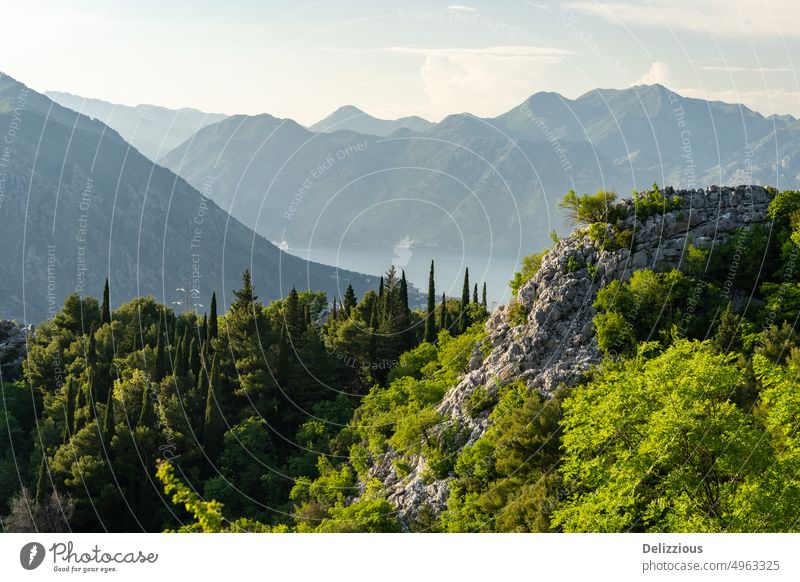Bucht von Kotor von oben mit Himmel und grünen Bergen, Montenegro kotor Ansicht Landschaft montenegro montenegrinisch Europa blau Tag tagsüber keine Menschen