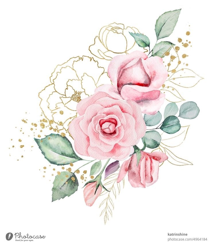 Bouquet Rahmen von rosa Aquarell Blumen und grüne Blätter, Hochzeit und Gruß Illustration gemacht Geburtstag botanisch farbenfroh Dekoration & Verzierung