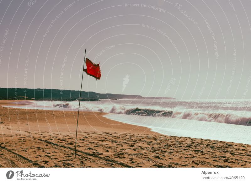 Besitzansprüche Strand gesperrt Wellen Menschenleer Rote Fahne Wasser Meer Küste Außenaufnahme Farbfoto Ferien & Urlaub & Reisen Himmel Erholung Natur Tag