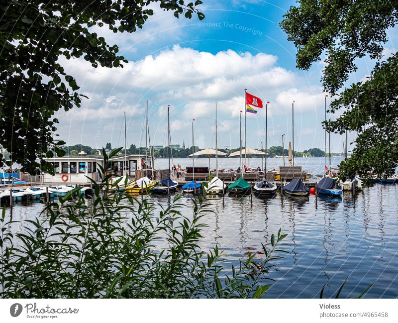 Sparziergang an der Alster Hamburg Boote Bootsanleger Wolken Fahne Steg
