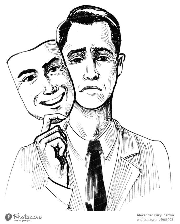 Trauriger Mann mit lächelnder Maske. Tinte schwarz und weiß Zeichnung Mundschutz psychische Gesundheit Geist traurig Depression deprimiert männlich Charakter