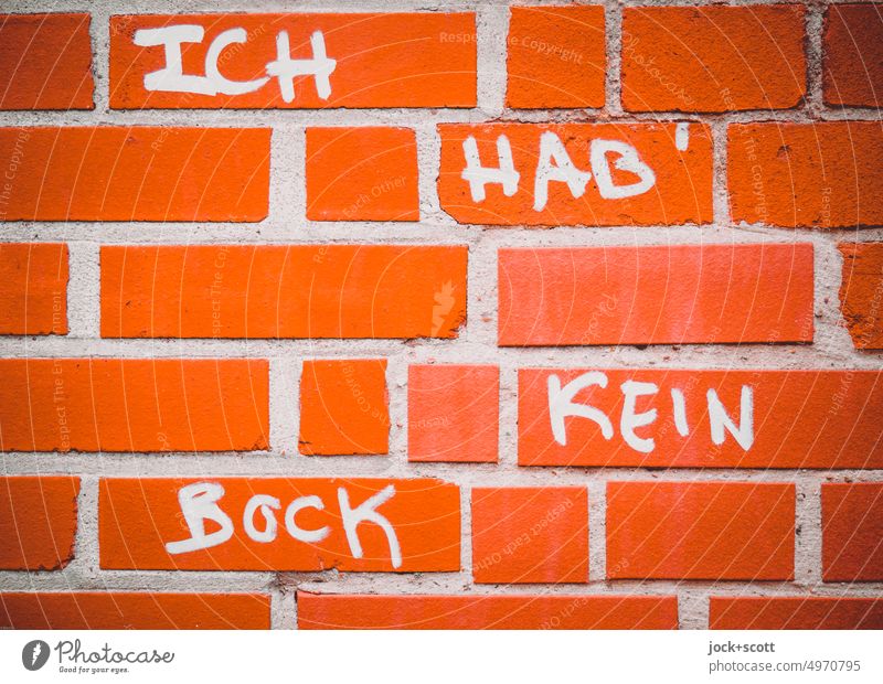 ICH HAB KEIN BOCK Wort Klinker Graffiti Deutsch Großbuchstabe Straßenkunst Handschrift Gelenk LAZY Hartnäckigkeit keine Zukunft Phrase orange